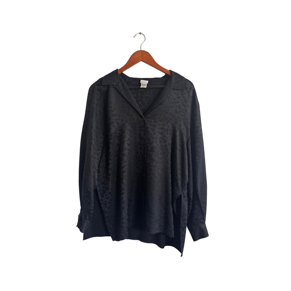 Eileen Fisher Black 100% Silk Floral Jacquard Button Down Shirt Relaxed Fit‎ M